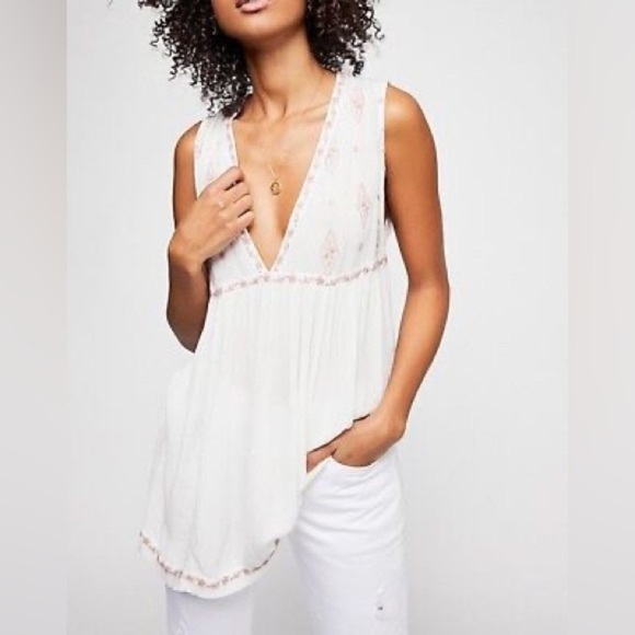 FREE PEOPLE SLEEVELESS DIAMOND EMBROIDERED TOP IVORY - Picture 1 of 11